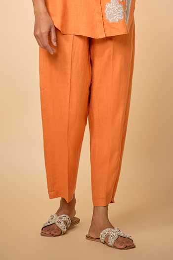 Linen Bloom_Orange Linen Embroidery, Applique Collared Floral Pattern Shirt With Pant _Online_at_Aza_Fashions