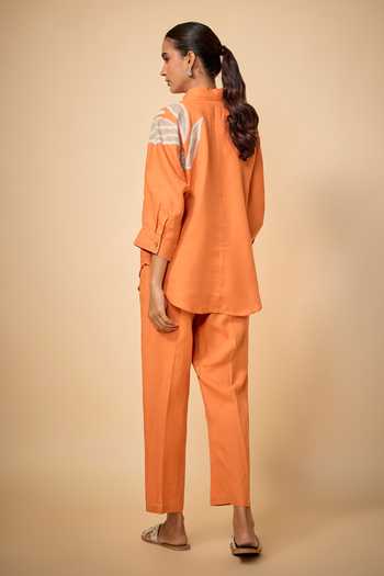 Shop_Linen Bloom_Orange Linen Embroidery, Applique Collared Floral Pattern Shirt With Pant _at_Aza_Fashions