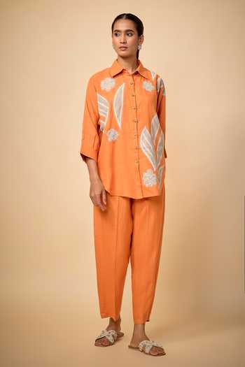 Buy_Linen Bloom_Orange Linen Embroidery, Applique Collared Floral Pattern Shirt With Pant _at_Aza_Fashions