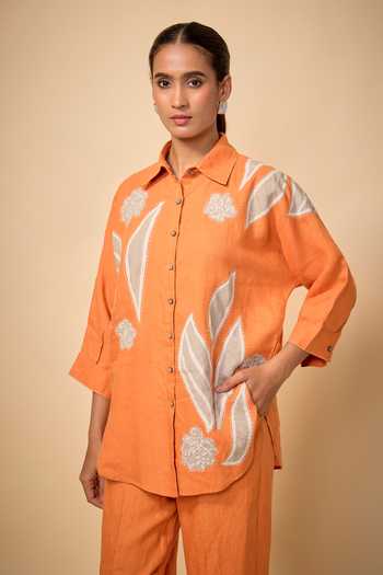 Buy_Linen Bloom_Orange Linen Embroidery, Applique Collared Floral Pattern Shirt With Pant _Online_at_Aza_Fashions