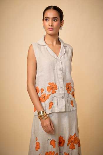 Linen Bloom_Beige Linen Applique Collared Floral Patchwork Embroidered Top And Skirt Set _Online_at_Aza_Fashions