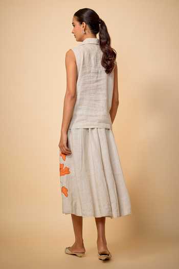 Shop_Linen Bloom_Beige Linen Applique Collared Floral Patchwork Embroidered Top And Skirt Set _at_Aza_Fashions