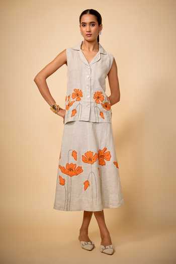Buy_Linen Bloom_Beige Linen Applique Collared Floral Patchwork Embroidered Top And Skirt Set _at_Aza_Fashions