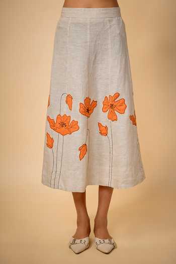 Buy_Linen Bloom_Beige Linen Applique Collared Floral Patchwork Embroidered Top And Skirt Set _Online_at_Aza_Fashions