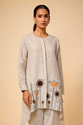 Shop_Linen Bloom_Beige Linen Embroidery Round Neck Floral Kurta And Pant Set _at_Aza_Fashions