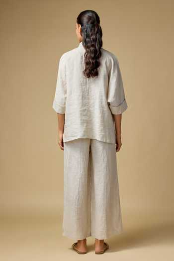 Shop_Linen Bloom_Beige Linen Embroidery Collared Doodle Shirt _at_Aza_Fashions