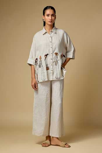 Linen Bloom_Beige Linen Embroidery Collared Doodle Shirt _Online_at_Aza_Fashions
