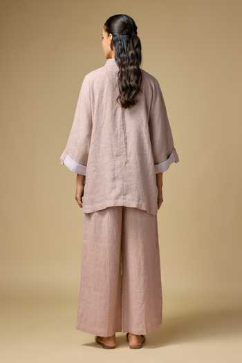 Shop_Linen Bloom_Pink Linen Embroidery Collared Kantha Shirt And Pant Set _at_Aza_Fashions