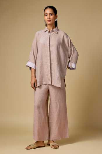 Buy_Linen Bloom_Pink Linen Embroidery Collared Kantha Shirt And Pant Set _at_Aza_Fashions