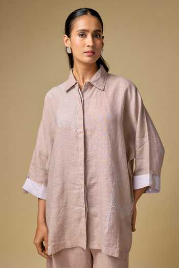 Buy_Linen Bloom_Pink Linen Embroidery Collared Kantha Shirt And Pant Set _Online_at_Aza_Fashions