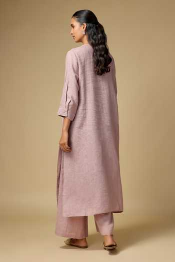 Shop_Linen Bloom_Pink Linen Embroidery Round Neck, Yes Abstract Kurta And Pant Set _at_Aza_Fashions