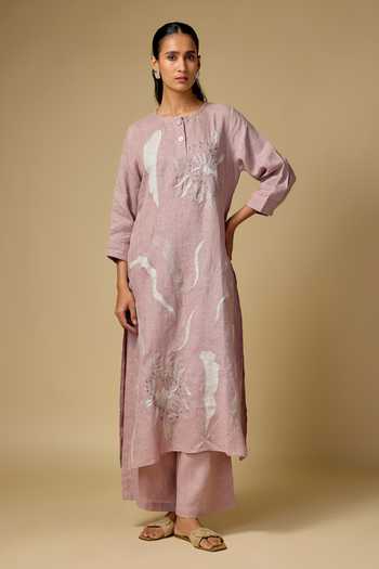 Buy_Linen Bloom_Pink Linen Embroidery Round Neck, Yes Abstract Kurta And Pant Set _at_Aza_Fashions