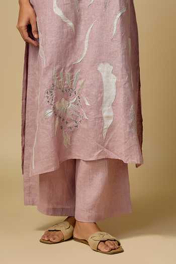Linen Bloom_Pink Linen Embroidery Round Neck, Yes Abstract Kurta And Pant Set _Online_at_Aza_Fashions