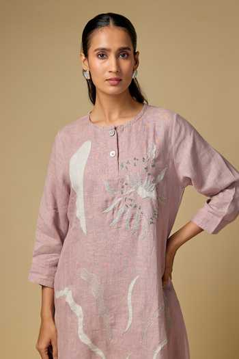 Buy_Linen Bloom_Pink Linen Embroidery Round Neck, Yes Abstract Kurta And Pant Set _Online_at_Aza_Fashions