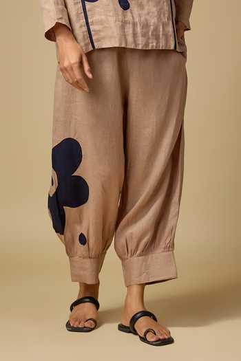 Linen Bloom_Brown Linen Round Neck Floral Embroidered Top And Pant Set _Online_at_Aza_Fashions