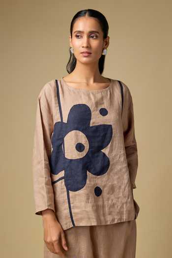 Shop_Linen Bloom_Brown Linen Round Neck Floral Embroidered Top And Pant Set _at_Aza_Fashions