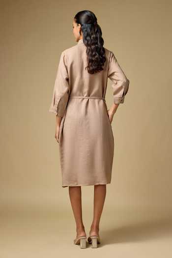 Shop_Linen Bloom_Brown Linen Applique Collared Floral Embroidered Midi Dress _at_Aza_Fashions