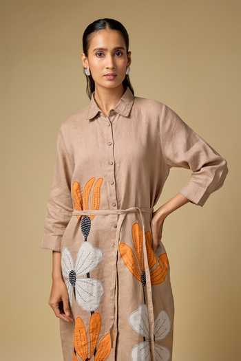 Linen Bloom_Brown Linen Applique Collared Floral Embroidered Midi Dress _Online_at_Aza_Fashions