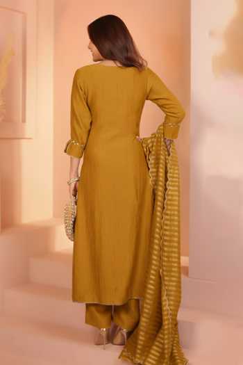 Shop_Karaj Jaipur_Mustard Tissue, Chanderi Embroidery V-neck Crushed Kurta Set _at_Aza_Fashions