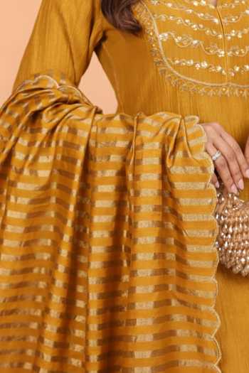 Shop_Karaj Jaipur_Mustard Tissue, Chanderi Embroidery V-neck Crushed Kurta Set _Online_at_Aza_Fashions