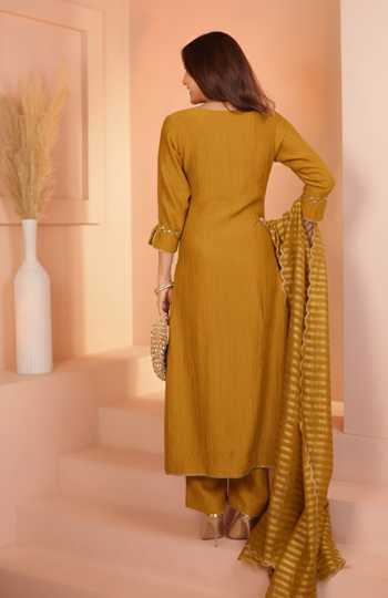 Buy_Karaj Jaipur_Mustard Tissue, Chanderi Embroidery V-neck Crushed Kurta Set 