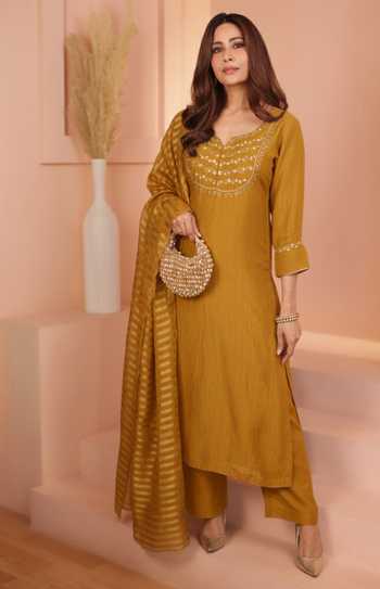 Shop_Karaj Jaipur_Mustard Tissue, Chanderi Embroidery V-neck Crushed Kurta Set 