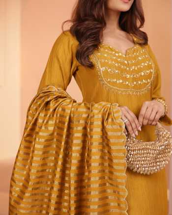 Shop_Karaj Jaipur_Mustard Tissue, Chanderi Embroidery V-neck Crushed Kurta Set _Online