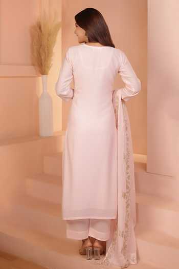 Shop_Karaj Jaipur_Pink Chanderi, Shantoon Zari V-neck Baby Mul Kurta Set _at_Aza_Fashions