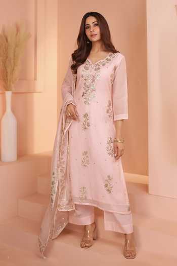 Buy_Karaj Jaipur_Pink Chanderi, Shantoon Zari V-neck Baby Mul Kurta Set _Online_at_Aza_Fashions