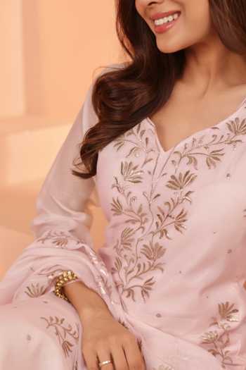 Shop_Karaj Jaipur_Pink Chanderi, Shantoon Zari V-neck Baby Mul Kurta Set _Online_at_Aza_Fashions