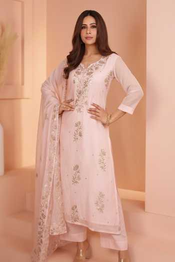 Karaj Jaipur_Pink Chanderi, Shantoon Zari V-neck Baby Mul Kurta Set _at_Aza_Fashions