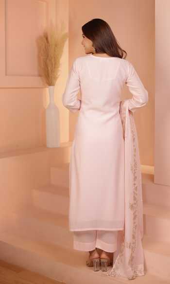 Shop_Karaj Jaipur_Pink Chanderi, Shantoon Zari V-neck Baby Mul Kurta Set 