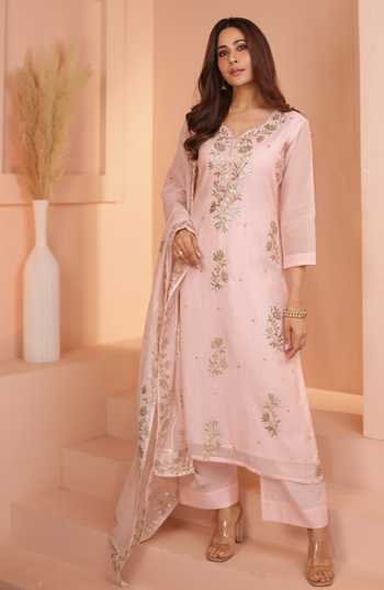 Buy_Karaj Jaipur_Pink Chanderi, Shantoon Zari V-neck Baby Mul Kurta Set _Online