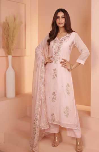 Shop_Karaj Jaipur_Pink Chanderi, Shantoon Zari V-neck Baby Mul Kurta Set _Online