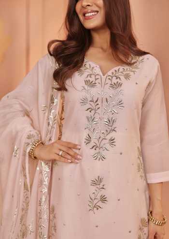 Karaj Jaipur_Pink Chanderi, Shantoon Zari V-neck Baby Mul Kurta Set 