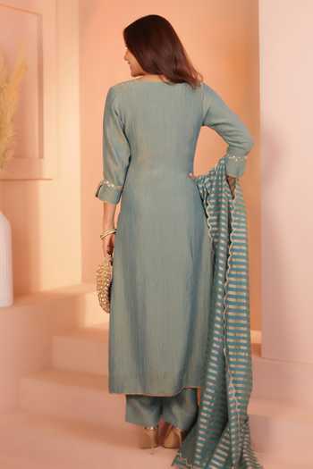 Shop_Karaj Jaipur_Teal Tissue, Chanderi Embroidery, Zari V-neck, Yes Dusty Crushed Kurta Set _at_Aza_Fashions
