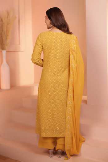 Shop_Karaj Jaipur_Mustard Georgette, Shantoon Embroidery Keyhole Neck, Yes Chikankari Kurta Set _at_Aza_Fashions