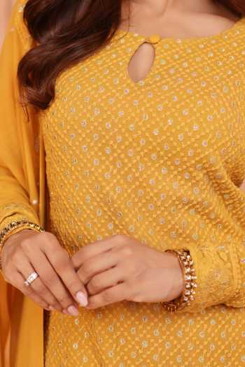 Buy_Karaj Jaipur_Mustard Georgette, Shantoon Embroidery Keyhole Neck, Yes Chikankari Kurta Set _Online_at_Aza_Fashions