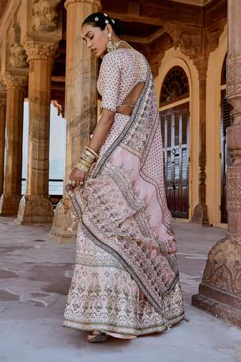 Karaj Jaipur_Peach Cotton, Organza, Muslin Embroidery Fiza Lehanga Set _Online_at_Aza_Fashions