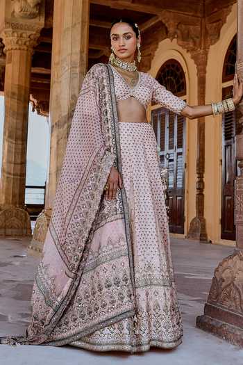 Buy_Karaj Jaipur_Peach Cotton, Organza, Muslin Embroidery Fiza Lehanga Set _at_Aza_Fashions