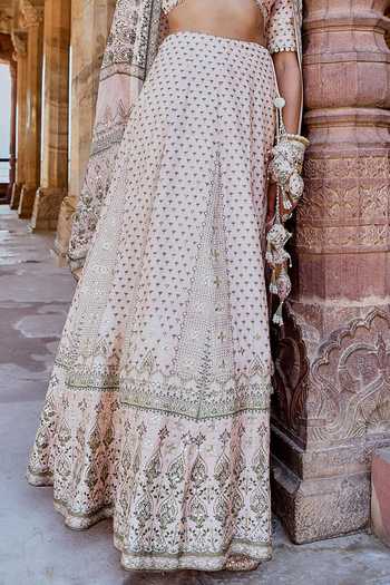 Buy_Karaj Jaipur_Peach Cotton, Organza, Muslin Embroidery Fiza Lehanga Set _Online_at_Aza_Fashions