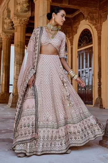 Shop_Karaj Jaipur_Peach Cotton, Organza, Muslin Embroidery Fiza Lehanga Set _Online_at_Aza_Fashions