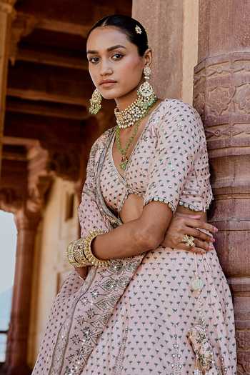 Karaj Jaipur_Peach Cotton, Organza, Muslin Embroidery Fiza Lehanga Set _Online