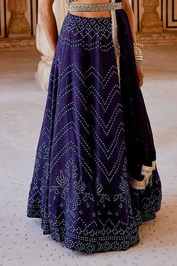Karaj Jaipur_Navy Muslin, Organza Embroidery, Tassels Round Fiza Blue Bandhani Lehanga Set _Online_at_Aza_Fashions