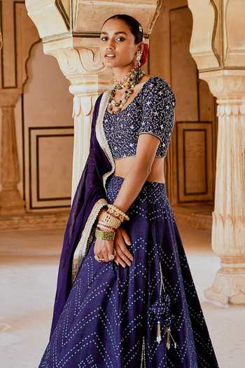Shop_Karaj Jaipur_Navy Muslin, Organza Embroidery, Tassels Round Fiza Blue Bandhani Lehanga Set _Online_at_Aza_Fashions