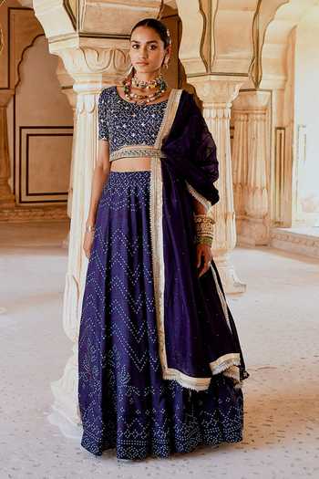 Karaj Jaipur_Navy Muslin, Organza Embroidery, Tassels Round Fiza Blue Bandhani Lehanga Set _at_Aza_Fashions