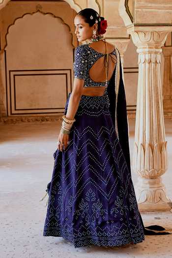 Shop_Karaj Jaipur_Navy Muslin, Organza Embroidery, Tassels Round Fiza Blue Bandhani Lehanga Set _at_Aza_Fashions