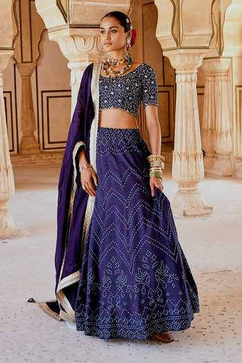 Shop_Karaj Jaipur_Navy Muslin, Organza Embroidery, Tassels Round Fiza Blue Bandhani Lehanga Set 