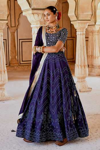 Buy_Karaj Jaipur_Navy Muslin, Organza Embroidery, Tassels Round Fiza Blue Bandhani Lehanga Set _at_Aza_Fashions