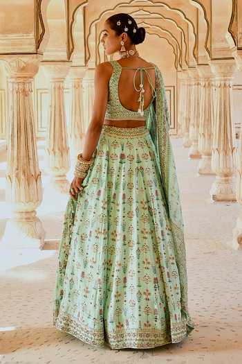 Karaj Jaipur_Mint Cotton, Organza, Muslin Embroidery V-neck Fiza Green Printed Lehenga Set _Online_at_Aza_Fashions